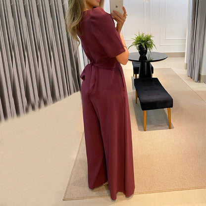 Clothing Summer V Neck Lace Up High Waist Puff Short Sleeve Wide Leg Jumpsuit
