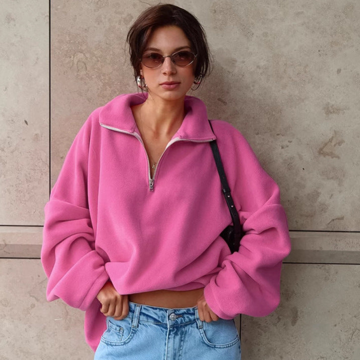 Autumn Winter Pink Collared Fleece Sweatshirt Lamb Wool Tops