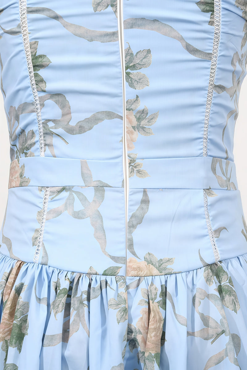 Gwend Blue Rose Print Cotton Midi Dress