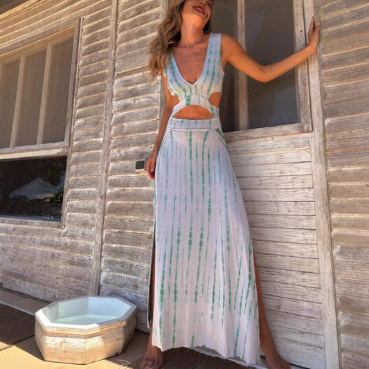 Summer Dress Printed V Neck Cropped Outfit Split Vest Long Dress