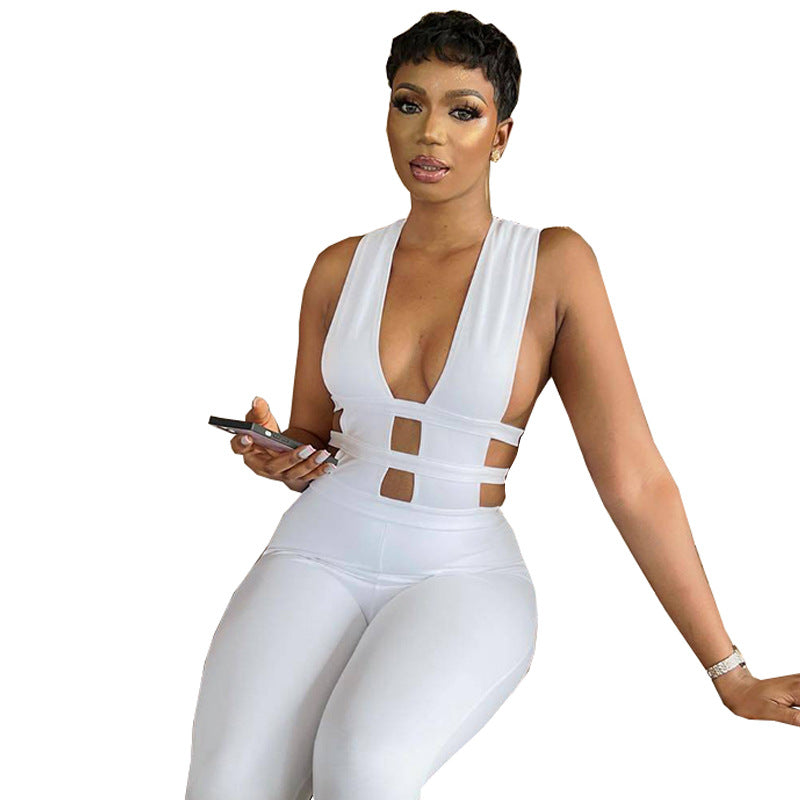 Summer Color Trousers Hollow Out Cutout Out Stitching High Waist Slimming Hip Raise Jumpsuit