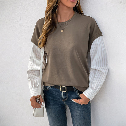 Autumn Long Sleeve Faux Two Piece Color Matching Knitted Round Neck Sweatshirt