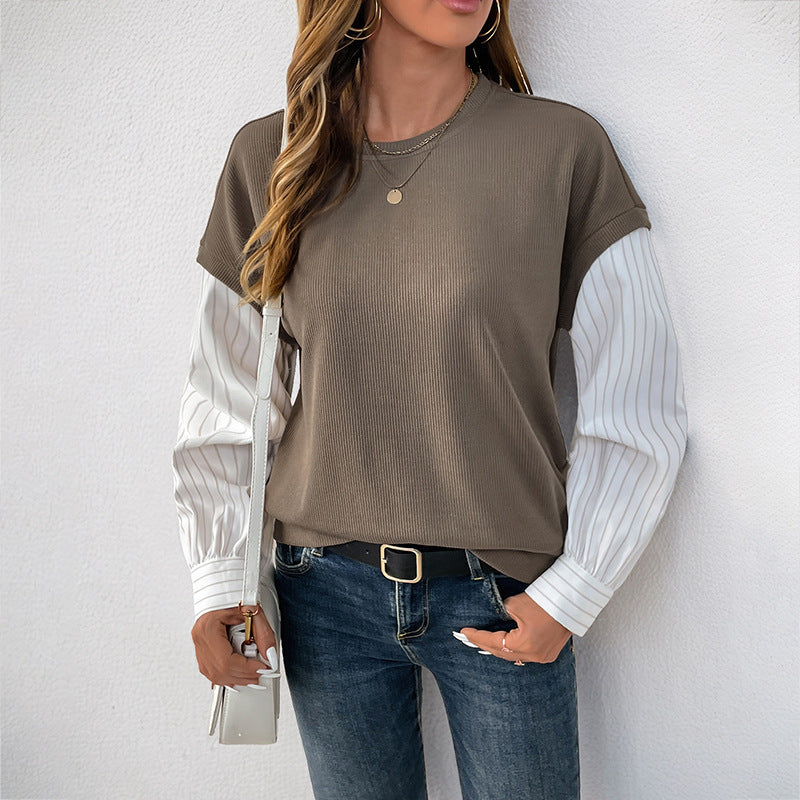 Autumn Long Sleeve Faux Two Piece Color Matching Knitted Round Neck Sweatshirt