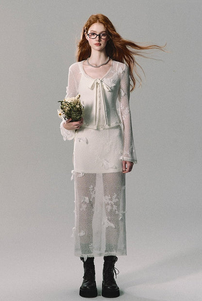 Butterfly Mesh Cardigan/camisole/long Skirt