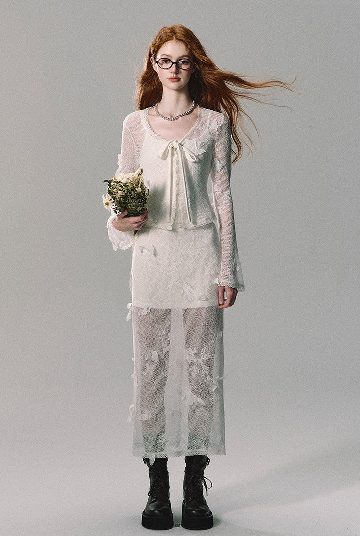 Butterfly Mesh Cardigan/camisole/long Skirt