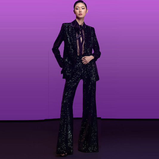 Goods Gold Velvet Sequined Double Breasted Blazer Slim Fit Skinny Pants Set