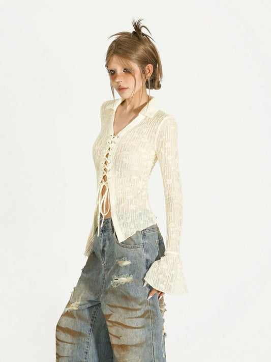 Nico Molly Lace-up Ribbed Cardigan - Ivory ()