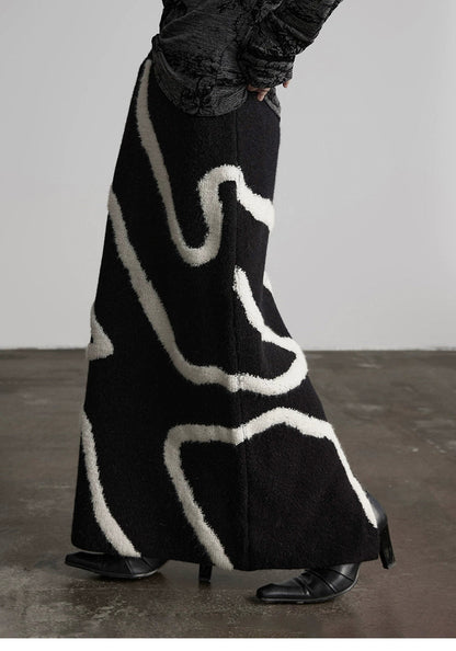 White Striped Black Knit Straight Skirt