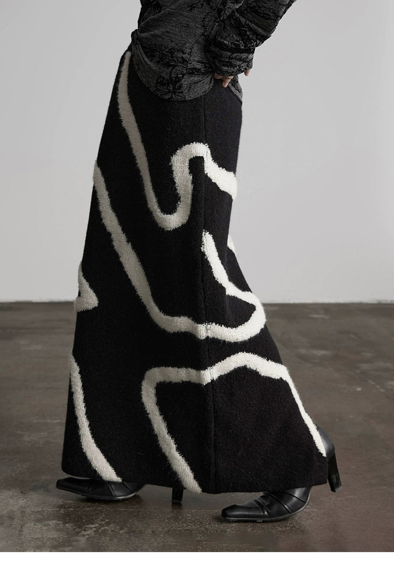 White Striped Black Knit Straight Skirt