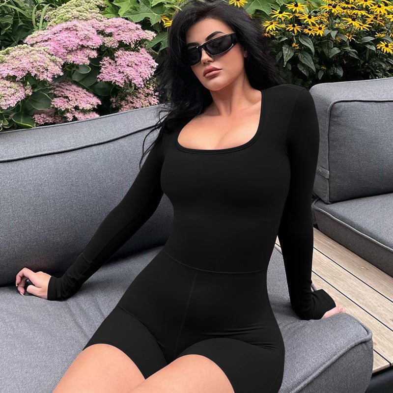 Clothing Autumn Winter Long Sleeve U Collar Hollow Out Cutout High Waist Hip Lifting Sport Yoga Jumpsuit