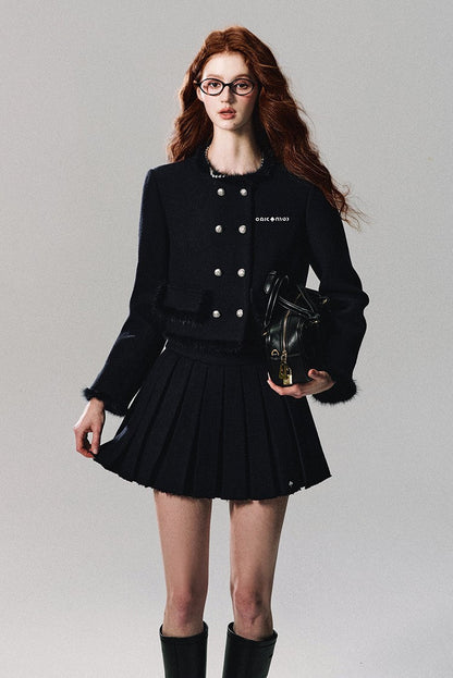 Double Breasted Tweed Jacket/pleated Skirt