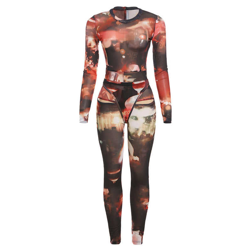 Spring Clothing Mesh Print T Shaped Skinny Hip Raise Jumpsuit