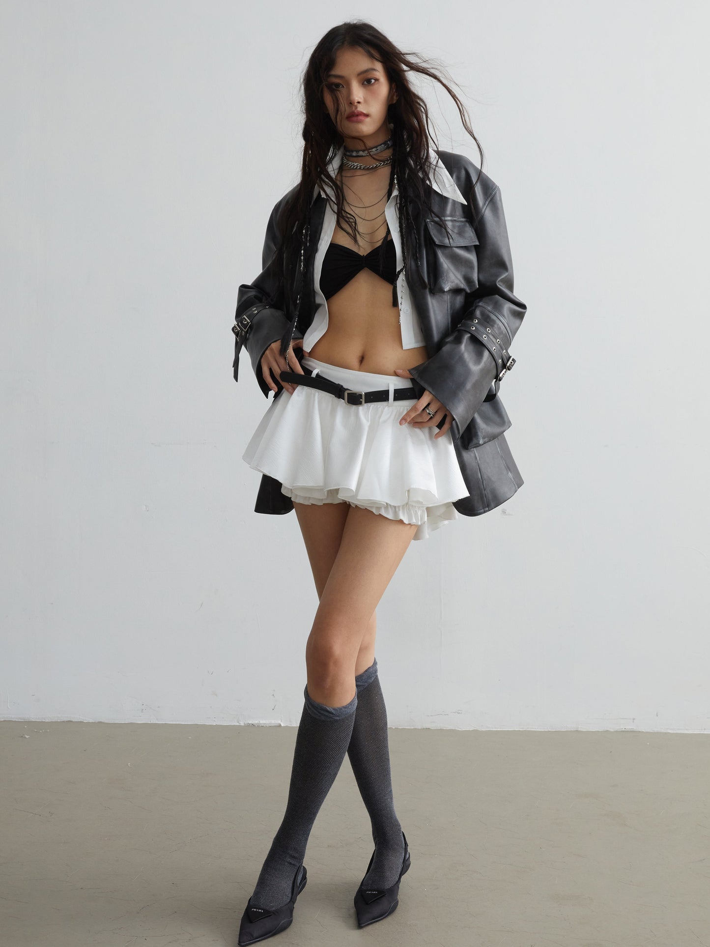 Ruffled Mini Skirt With Belt Embellishment