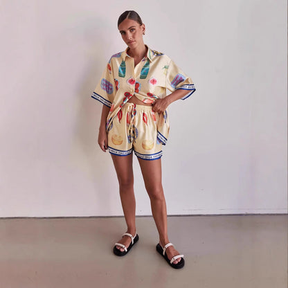 Summer Homewear Cartoon Collared Cardigan Short Sleeve Shorts Sets