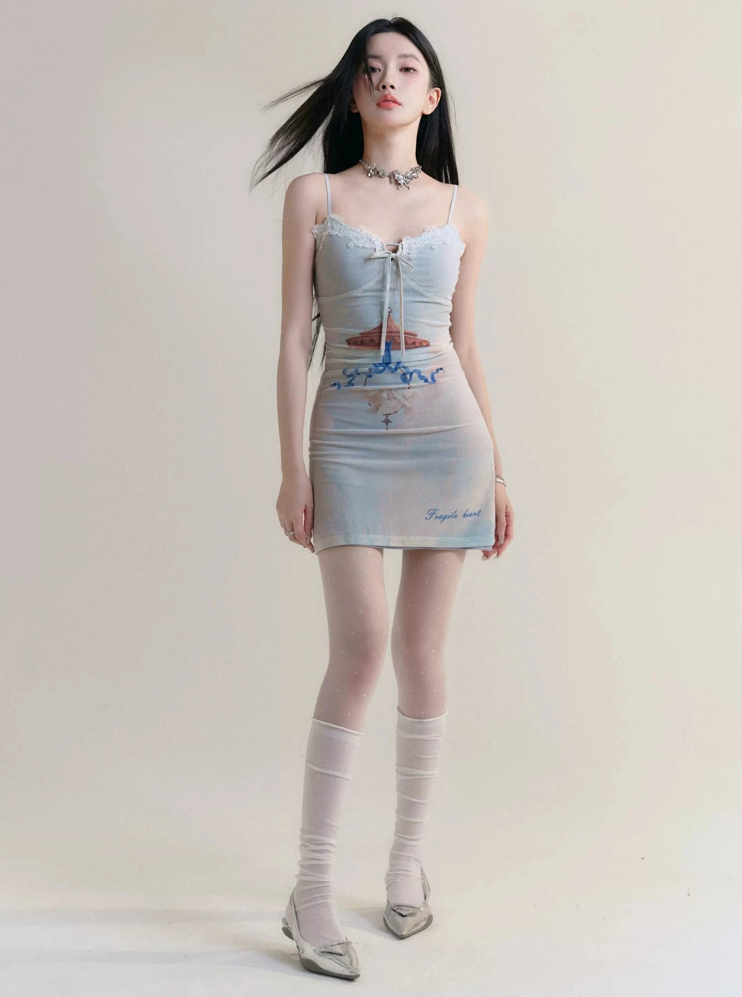 Whimsical Beach Print Spaghetti Strap Mini Dress With Lace Trim