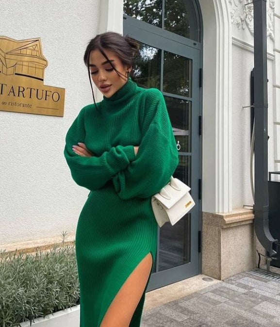 Turtleneck Loose Pullover Top Split Long Skirt Two-piece Set Winter