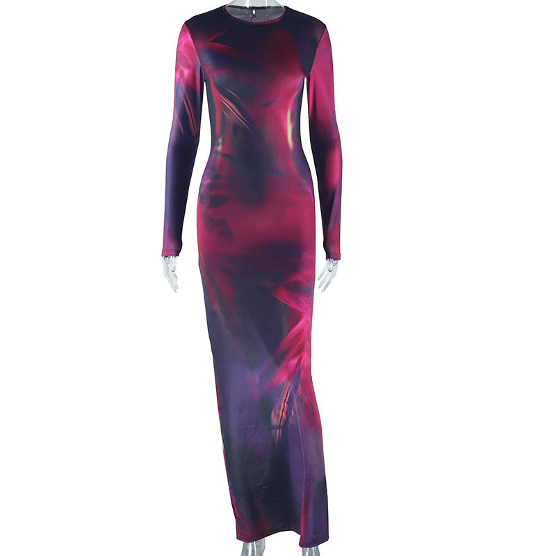 Clothing Printed Long Sleeve Slim Fit One Step Dress Split Round Neck Maxi Dress
