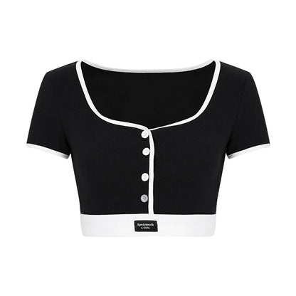 Black and White Contrast Trim Crop Top and Shorts Set