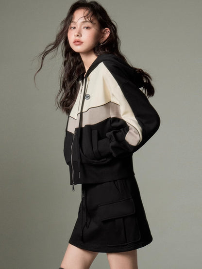 Sporty Zip-up Hoodie & Flared Skirt