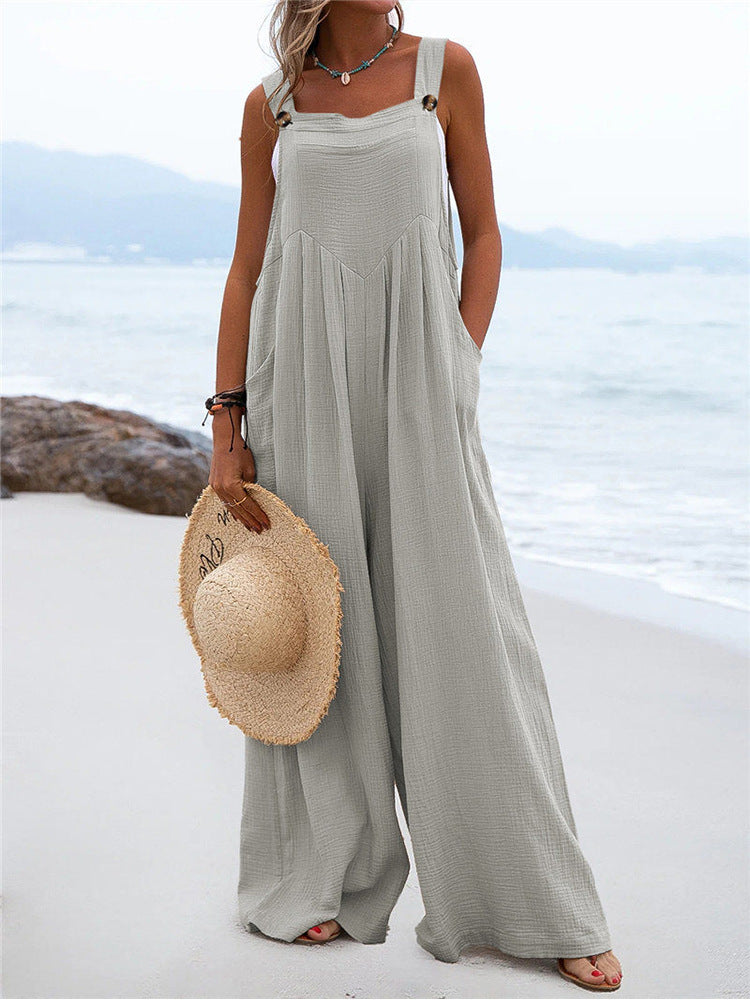 Summer New National Color Buttons Sling Wide Leg Trousers Jumpsuit