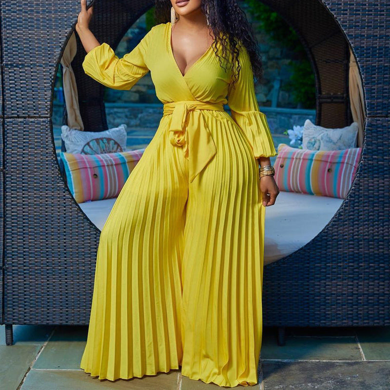 Summer V Neck Lace Up Pleated Wide Leg Jumpsuit