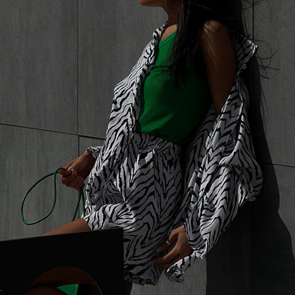 Autumn Set Loose Black White Striped Shirt Shorts Two Piece Set Clothing