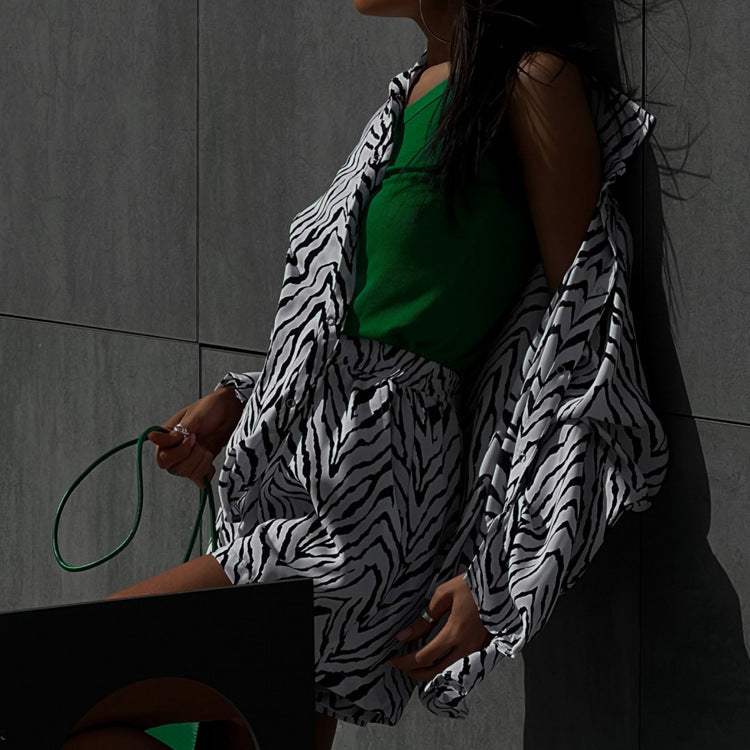 Autumn Set Loose Black White Striped Shirt Shorts Two Piece Set Clothing