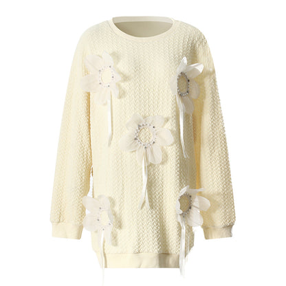 Mid Length Autumn Winter Color Three Dimensional Beaded Loose Outer Wear Sweatshirt
