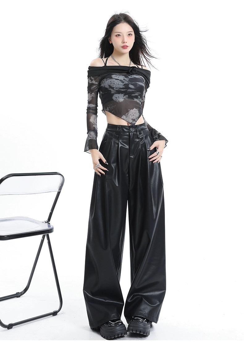 Coffee Wide-leg Pu Leather Pants