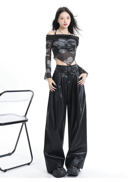 Coffee Wide-leg Pu Leather Pants