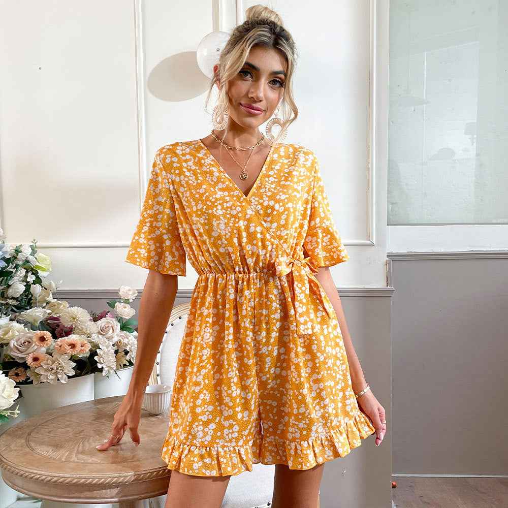 Summer Clothing Bell Sleeve V Neck Lace Up Printed One Piece Romper