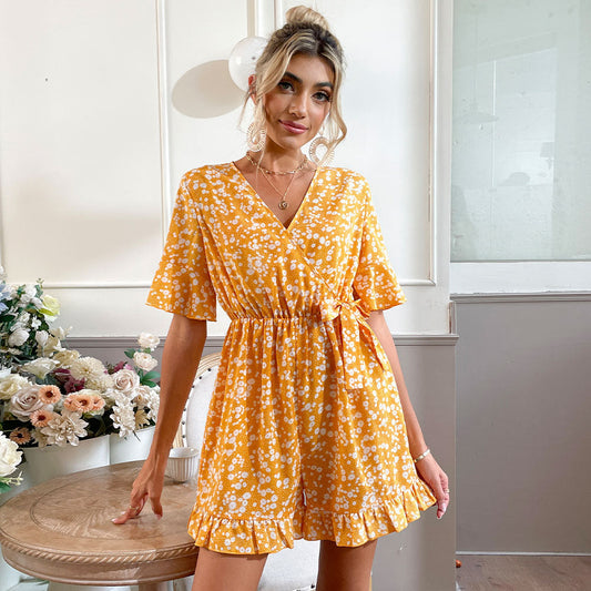 Summer Clothing Bell Sleeve V Neck Lace Up Printed One Piece Romper