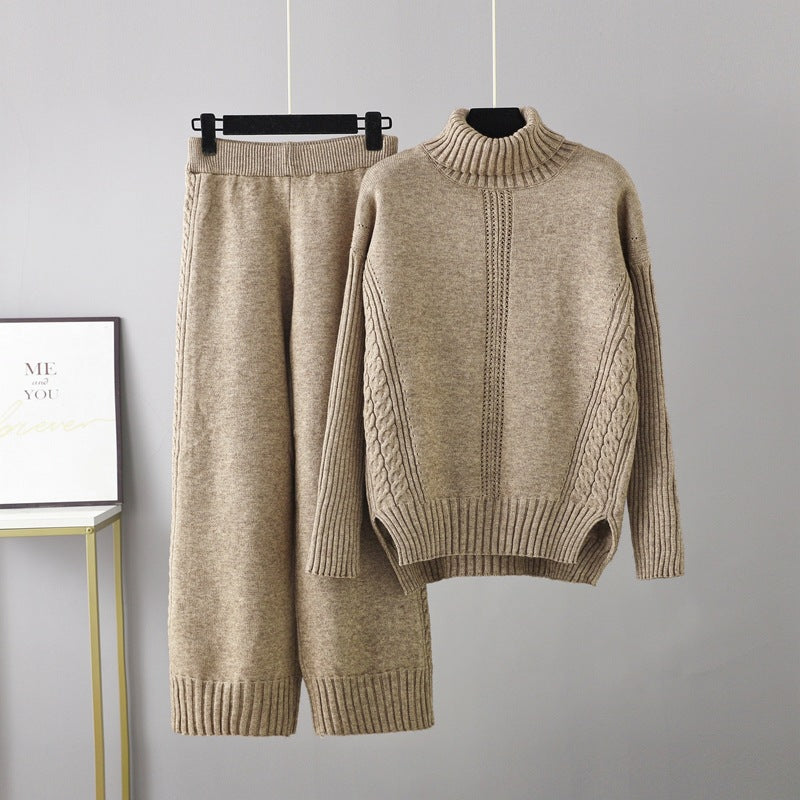 Turtleneck Pullover Thickened Knitting Sweater Set Autumn Winter Loose Idle Wide Leg Pants Two Piece Set