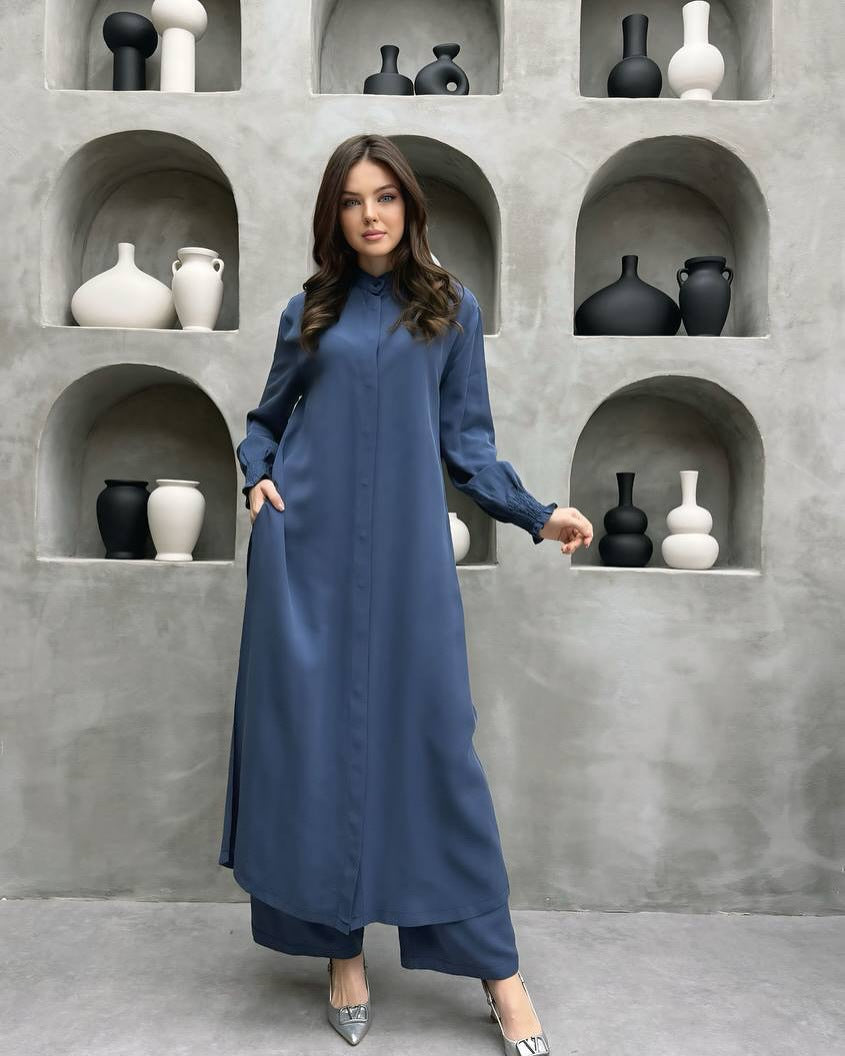 Clothing Multi Button Long Sleeve Split Stand Collar Shirt Straight Pants Two Piece Set