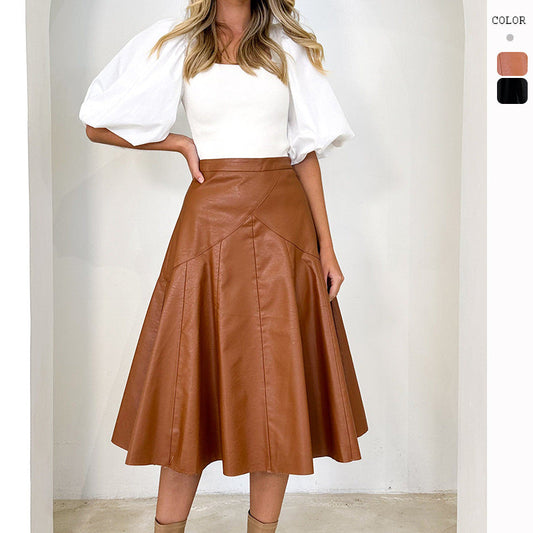 Leather and High Waist Pleated Skirt
