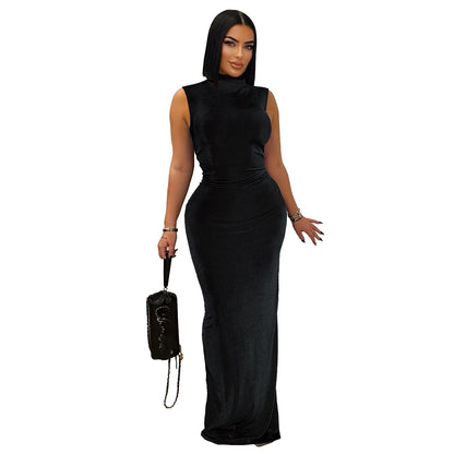 Clothing Goods Half Turtleneck Pleated Waist Slimming Sleeveless High Elastic Maxi Dress