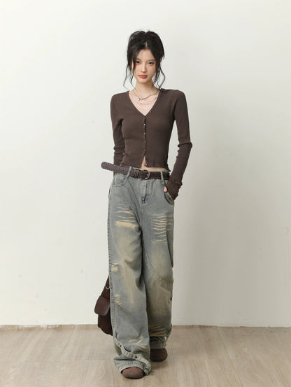 V-neck Long Sleeve Knit Cardigan
