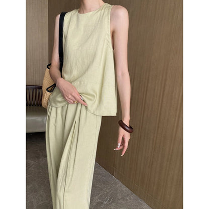Summer Loose Feeling Tencel Linen Vest Wide Leg Pants Two Piece Suit
