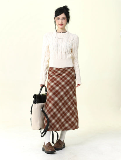 Red Plaid Wool Midi Skirt