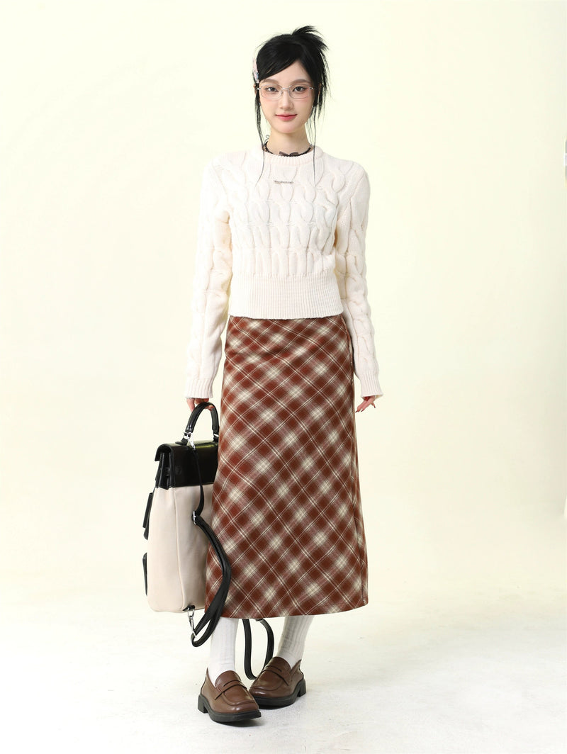 Red Plaid Wool Midi Skirt