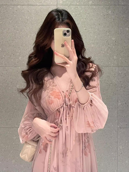 French Pink Long Sleeve Maxi Dress V-neck Fairycore Gown Gunne Sax Dress