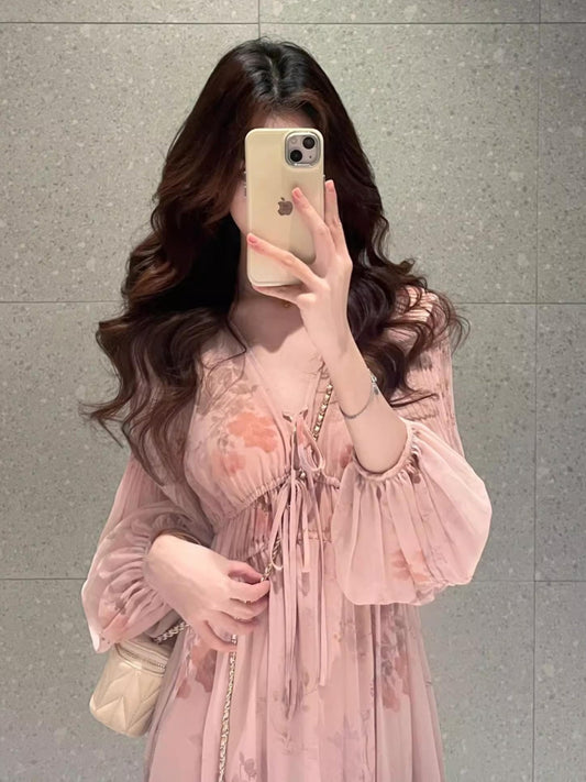 French Pink Long Sleeve Maxi Dress V-neck Fairycore Gown Gunne Sax Dress