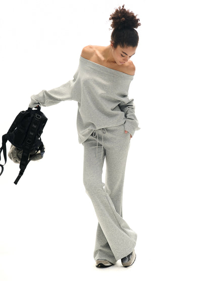 Off-the-shoulder Sweatshirt and Slight Flare Pants Set