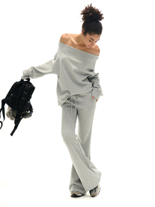 Off-the-shoulder Sweatshirt and Slight Flare Pants Set