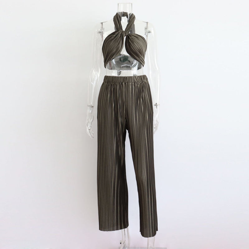 Spring Summer Pleated Suit Cropped Sleeveless Adjustable Vest Pants Two Piece Set for