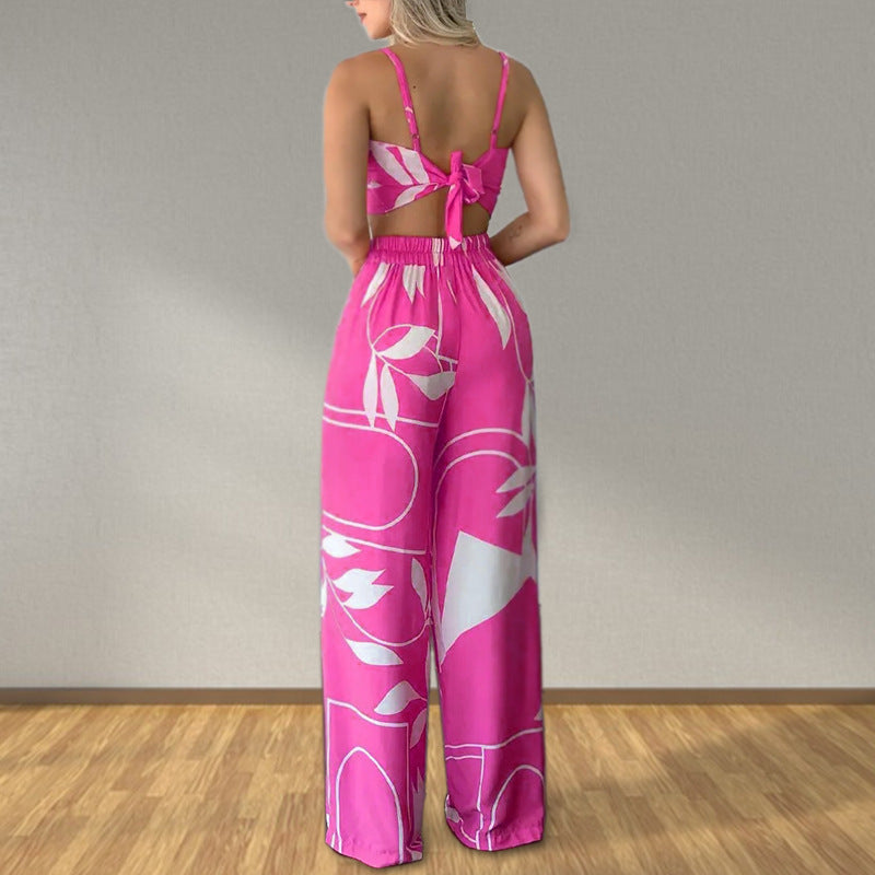Clothing Summer Tube Top Lace Up Loose Wide Leg Pants Printing Set