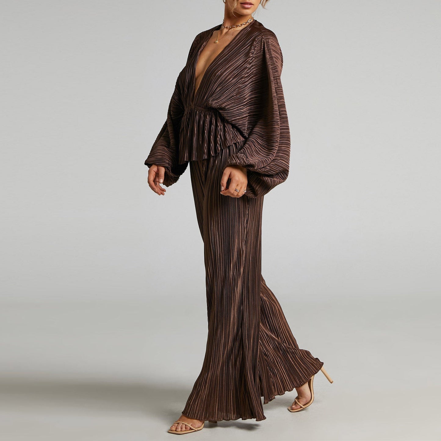 Clothing Set Autumn Winter High Elastic Pleated Waist Deep V Plunge Plunge Wide Leg Pants Two Piece Set