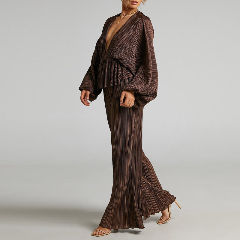 Clothing Set Autumn Winter High Elastic Pleated Waist Deep V Plunge Plunge Wide Leg Pants Two Piece Set