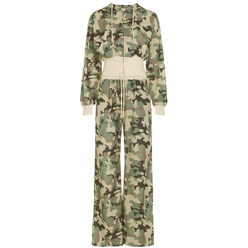 Contrast Color Cinched Hoodie Long Sleeve Sweatshirt Sweatpants Two Piece Camouflage Cardigan Coat Trousers Sets