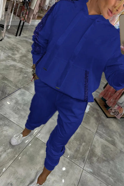 Sequin Pocket Sports Hooded Sweatshirt Sweatpants Suit